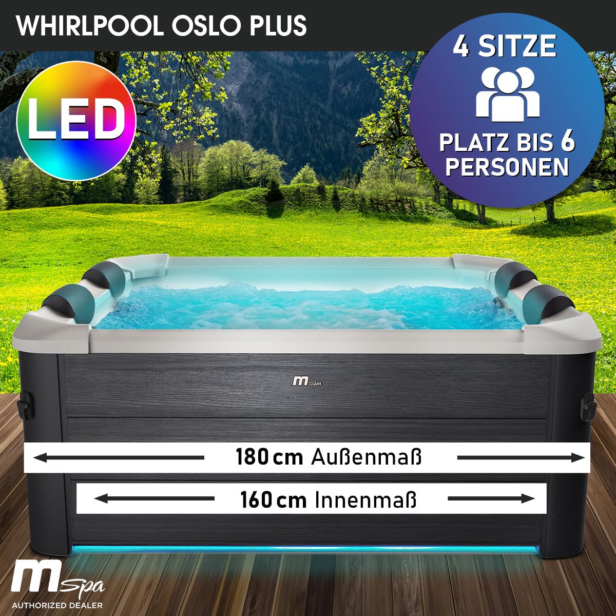 BRAST MSpa Oslo Plus XXL 6 Pers., 180x180 cm, 140 Düsen, LED, Winterfest