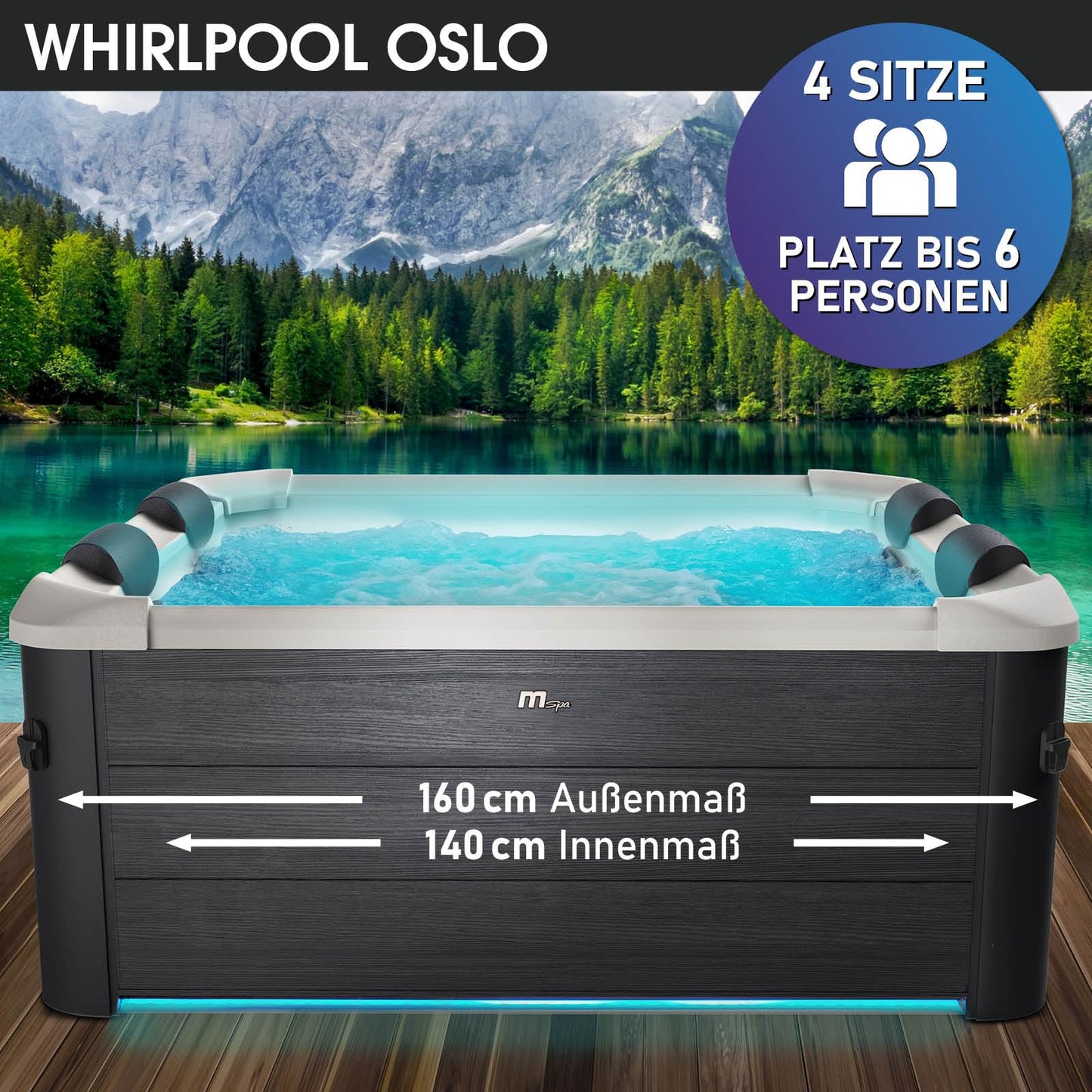 BRAST MSpa Oslo Whirlpool 6 Pers., 160x160 cm, 120 Düsen, LED, Winterfest