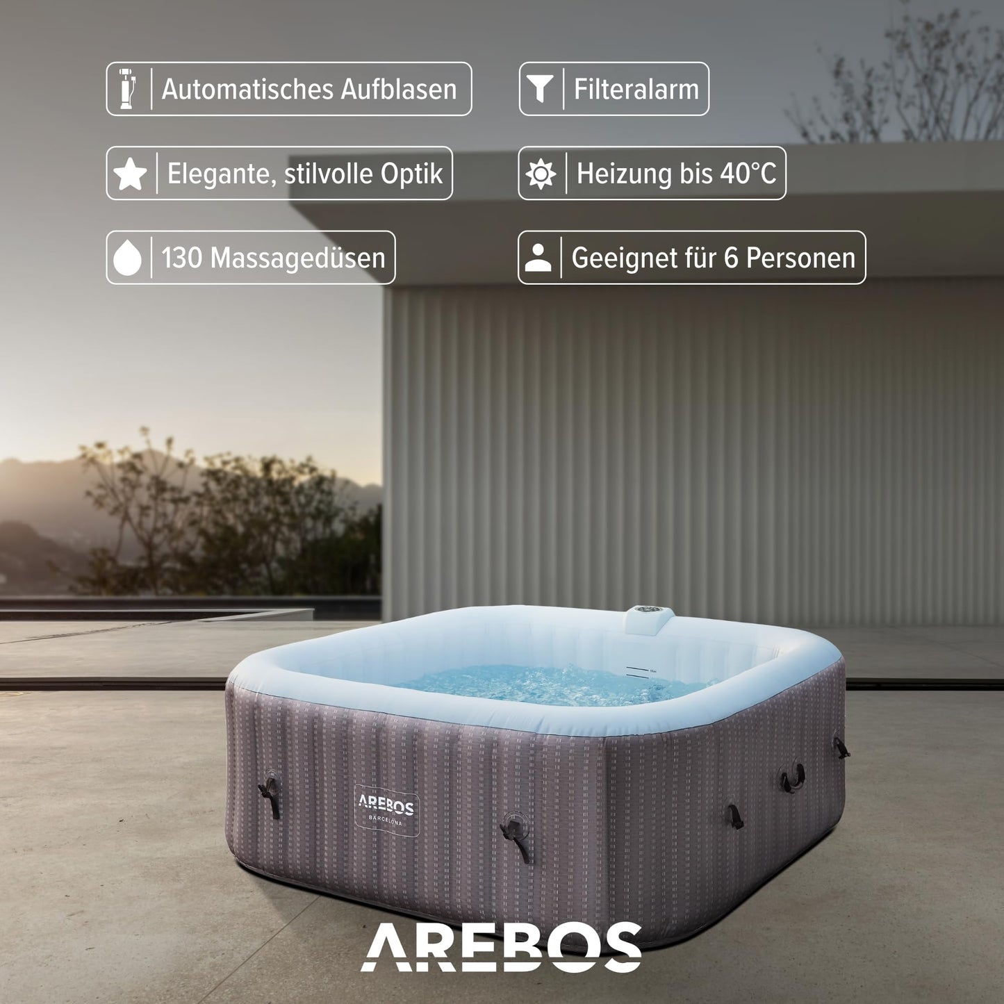 Arebos Spa Whirlpool 6 Pers., 185x185 cm, 130 Düsen, 910 L, Heizung, Aufblasbar