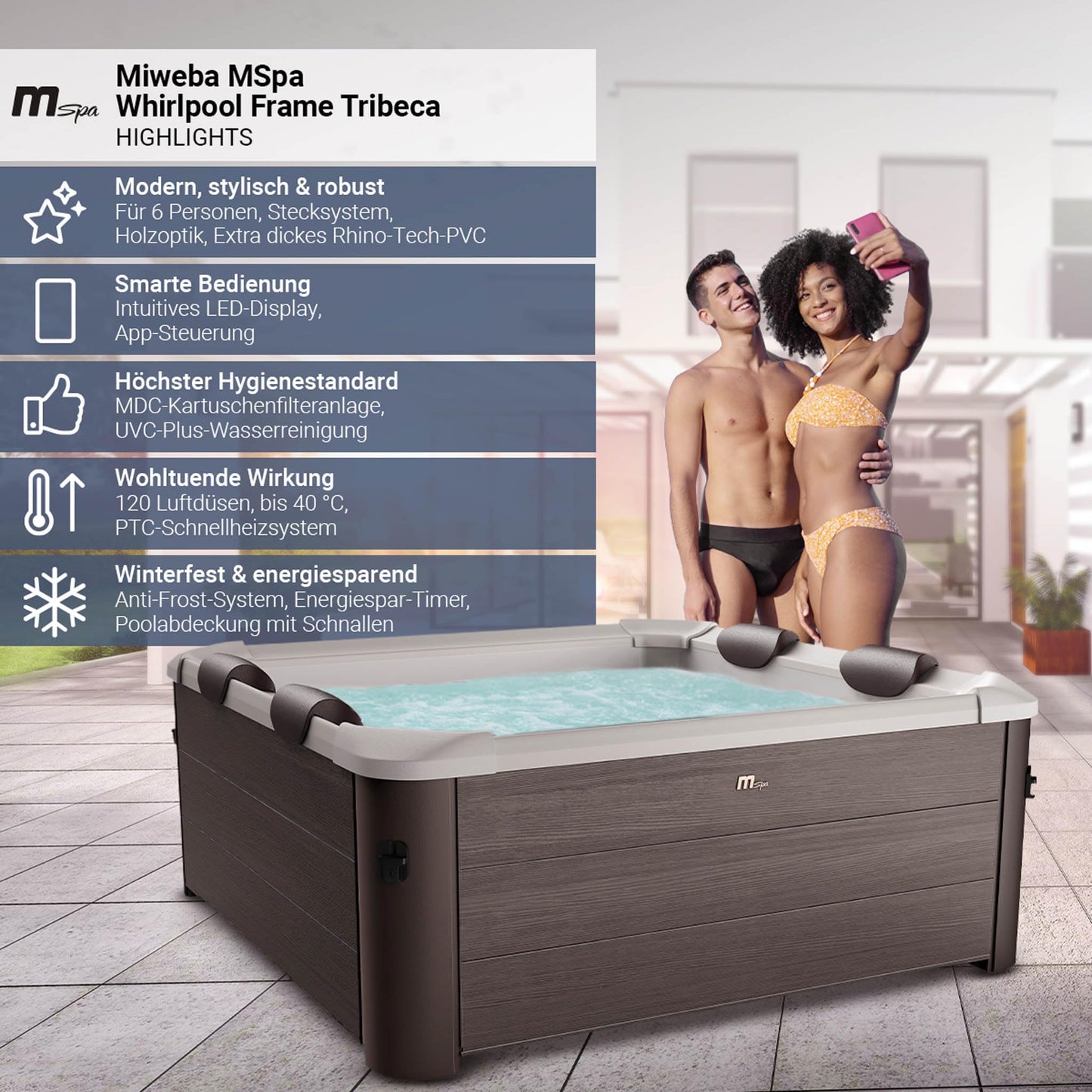Miweba MSpa Tribeca Whirlpool 6 Pers., 160x160 cm, 120 Düsen, App, Winterfest