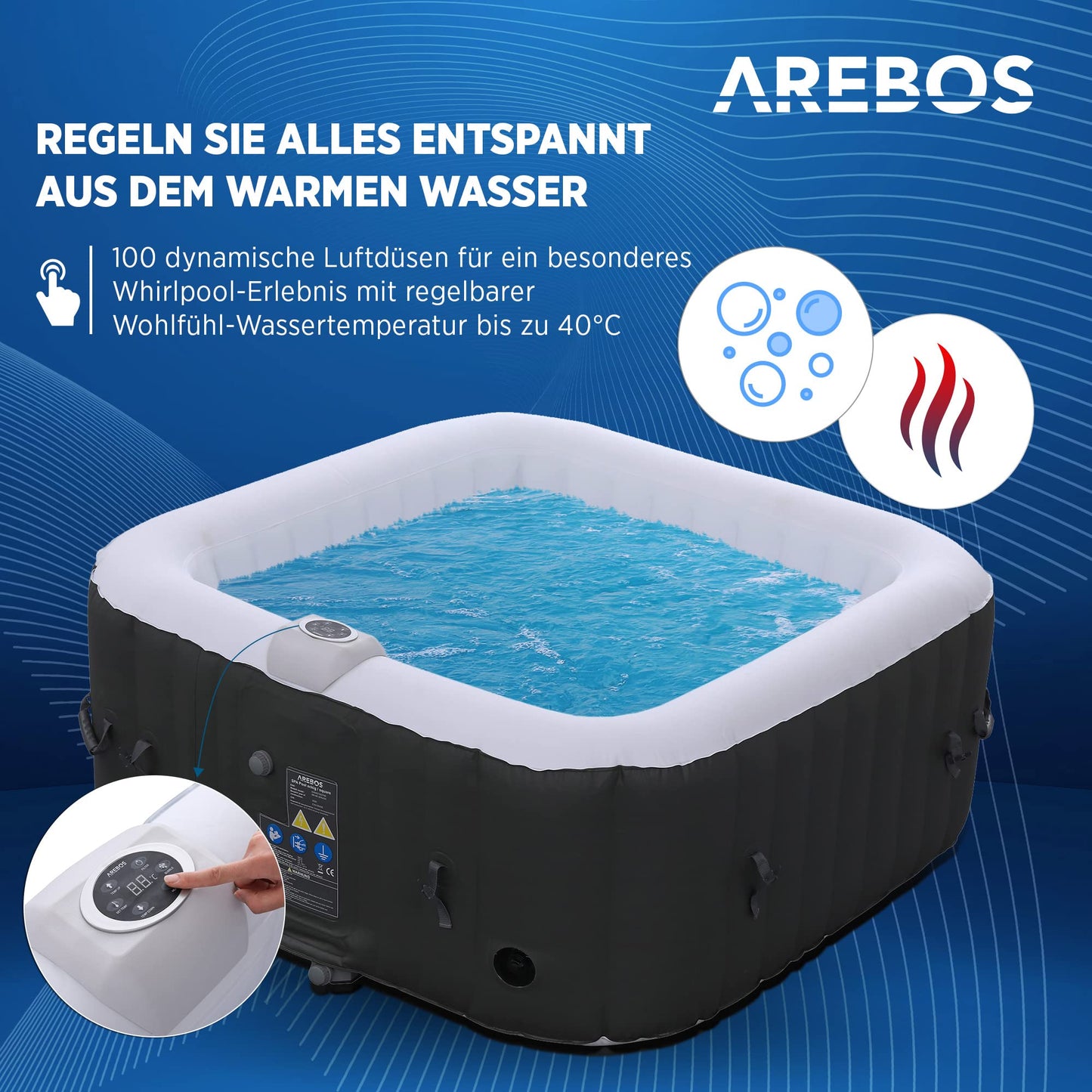Arebos Aufblasbarer Spa 4 Pers., 154x154 cm, 100 Düsen, 600 L, Heizung