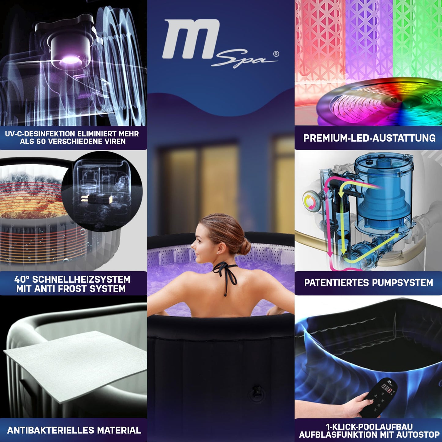 Miweba MSpa Whirlpool Outdoor | Aurora mit LED Beleuchtung - 6 Personen Pool aufblasbar - UVC+ Wasserreinigung - Spa โ 204.0 cm - Aufstellpool mit Fernbedienung - Hot Tub - Aufblasbarer Whirlpool