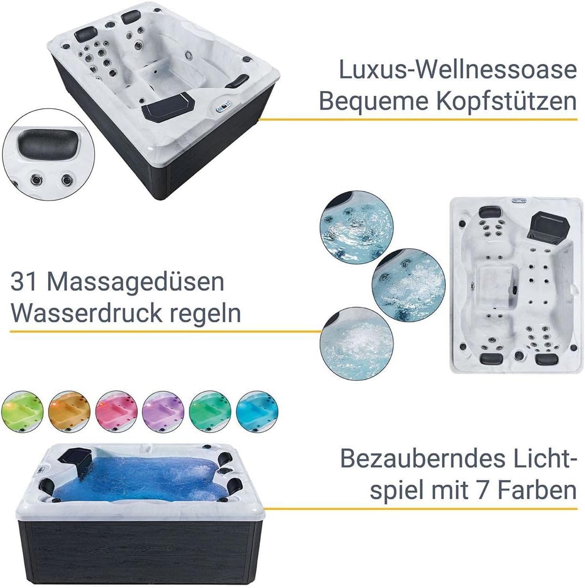 Luxus Outdoor Whirlpool Berlin 2–3 Pers., 210x160 cm, 31 Düsen, Heizung, LED