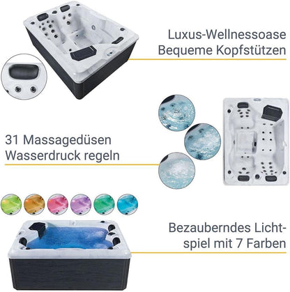 Luxus Outdoor Whirlpool Berlin 2–3 Pers., 210x160 cm, 31 Düsen, Heizung, LED, Treppe