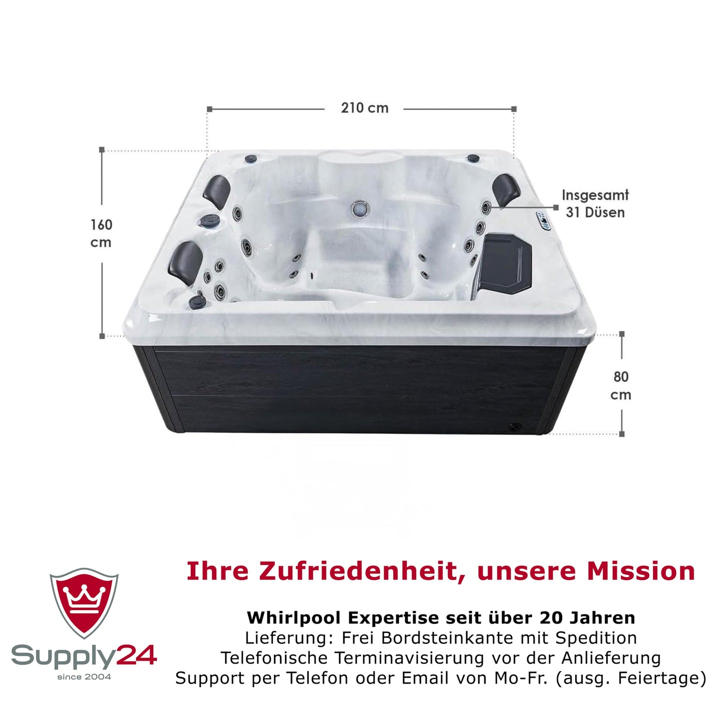 Luxus Outdoor Whirlpool Berlin 2–3 Pers., 210x160 cm, 31 Düsen, Heizung, LED