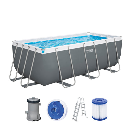 Bestway Power Steel Frame Pool 412x201x122 cm, Eckig, Grau, mit Filterpumpe