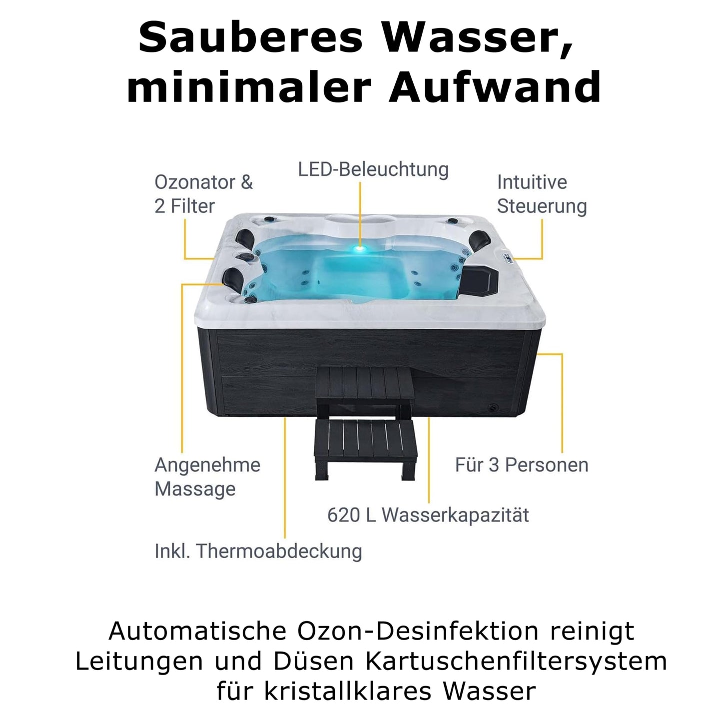 Luxus Outdoor Whirlpool Berlin 2–3 Pers., 210x160 cm, 31 Düsen, Heizung, LED, Treppe