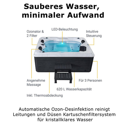 Luxus Outdoor Whirlpool Berlin 2–3 Pers., 210x160 cm, 31 Düsen, Heizung, LED, Treppe