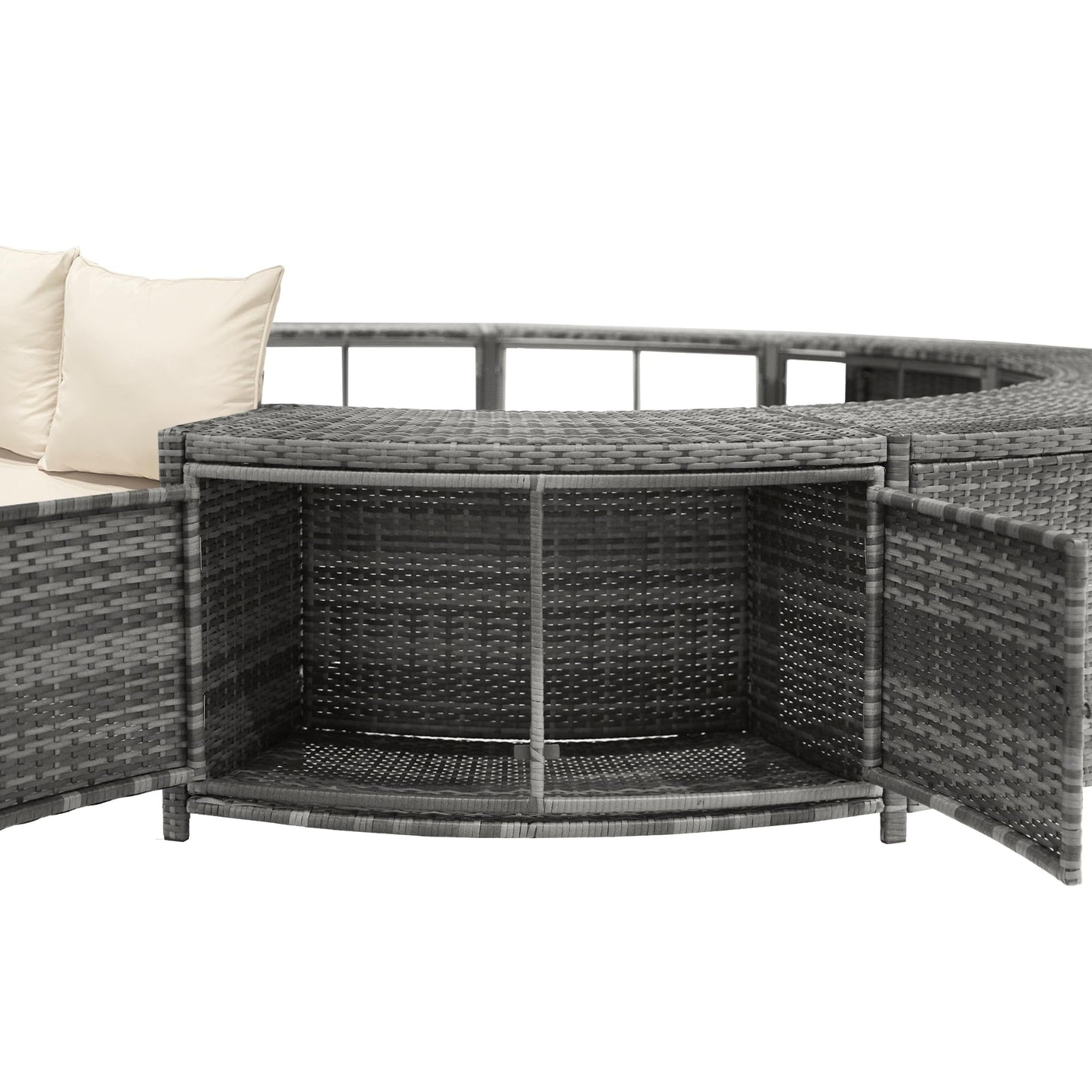 DRIXNO Lounge-Set für Whirlpool & Pool, Rattan PE/Akazienholz, Stauraum, Kissen inkl.