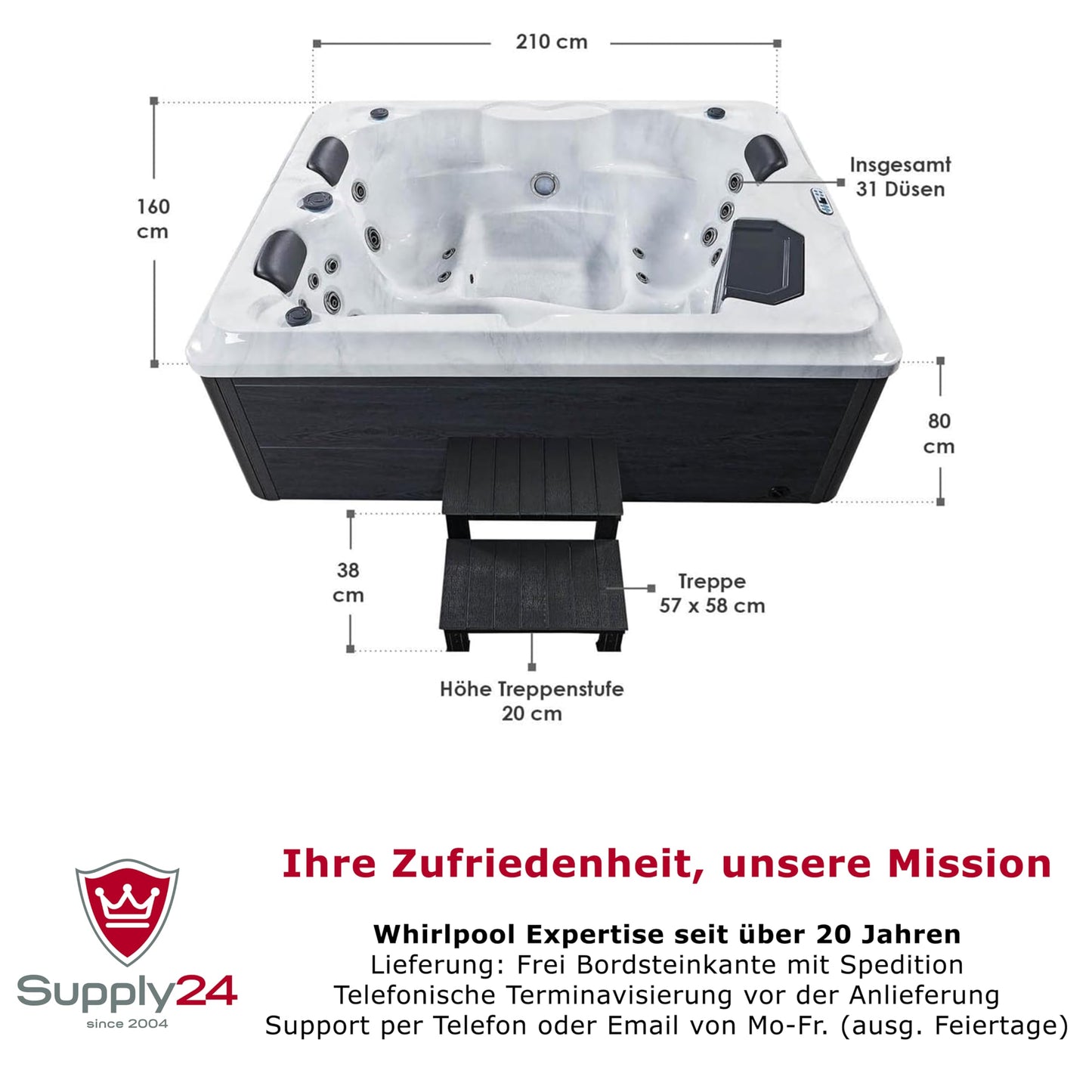 Luxus Outdoor Whirlpool Berlin 2–3 Pers., 210x160 cm, 31 Düsen, Heizung, LED, Treppe