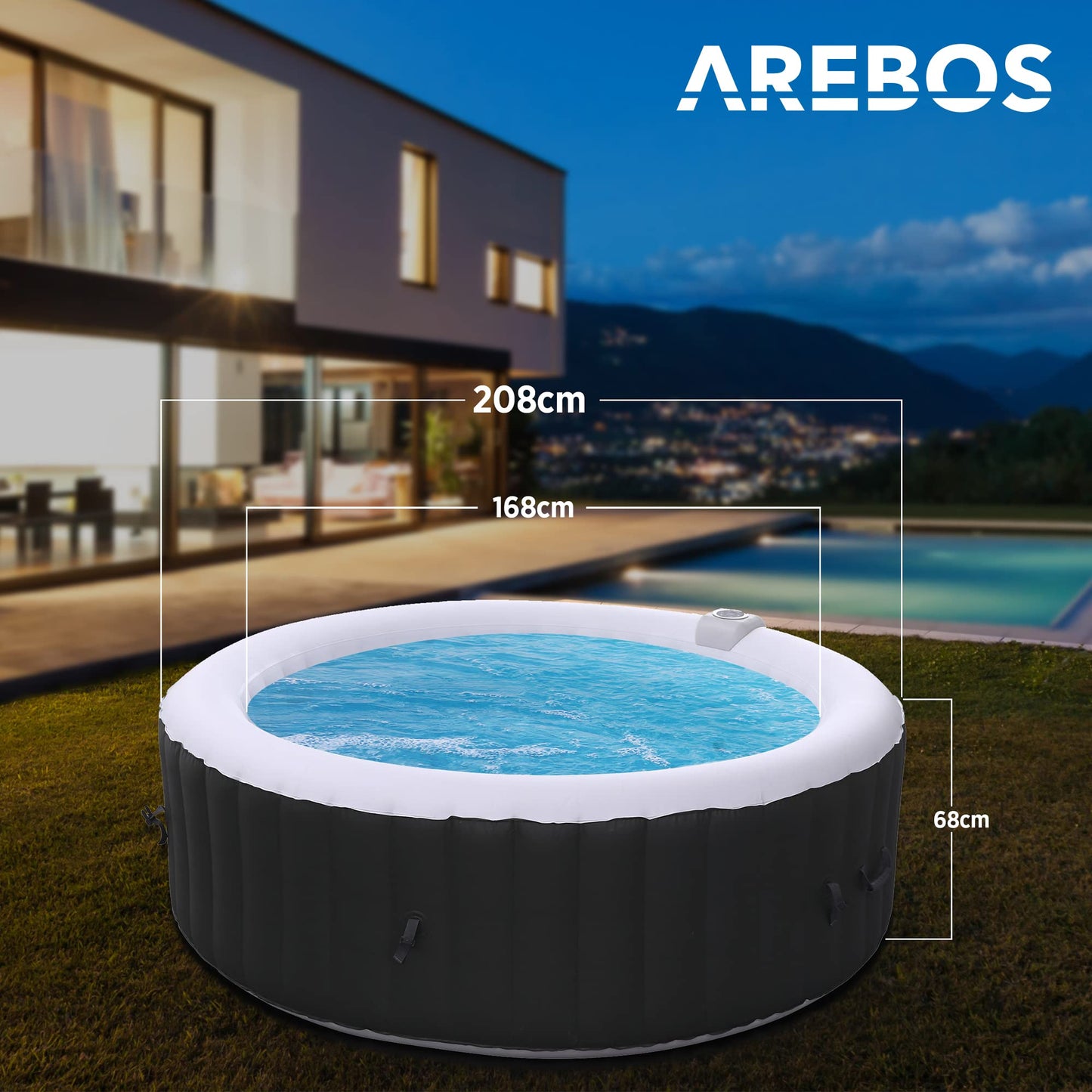 Arebos Whirlpool 6 Pers., ⌀208 cm, 130 Düsen, 1000 L, Heizung, Aufblasbar