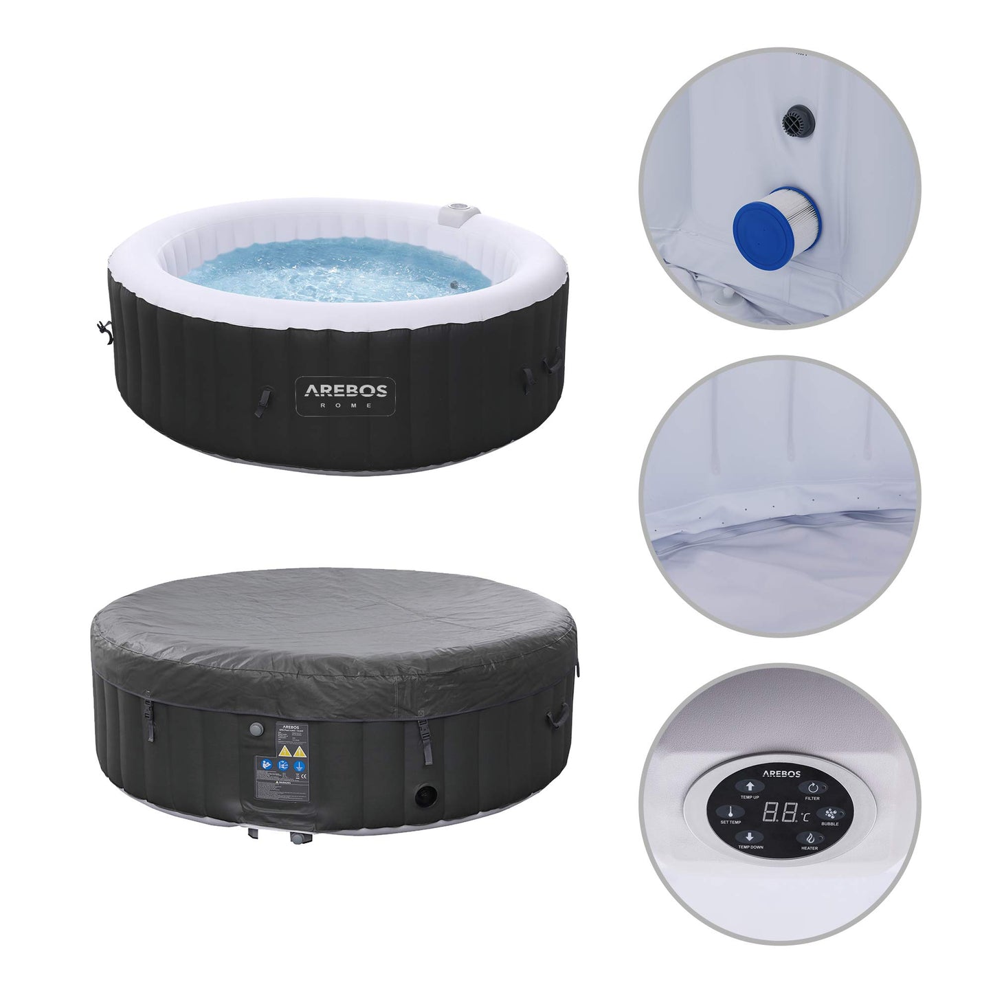 Arebos Whirlpool 6 Pers., ⌀208 cm, 130 Düsen, 1000 L, Heizung, Aufblasbar