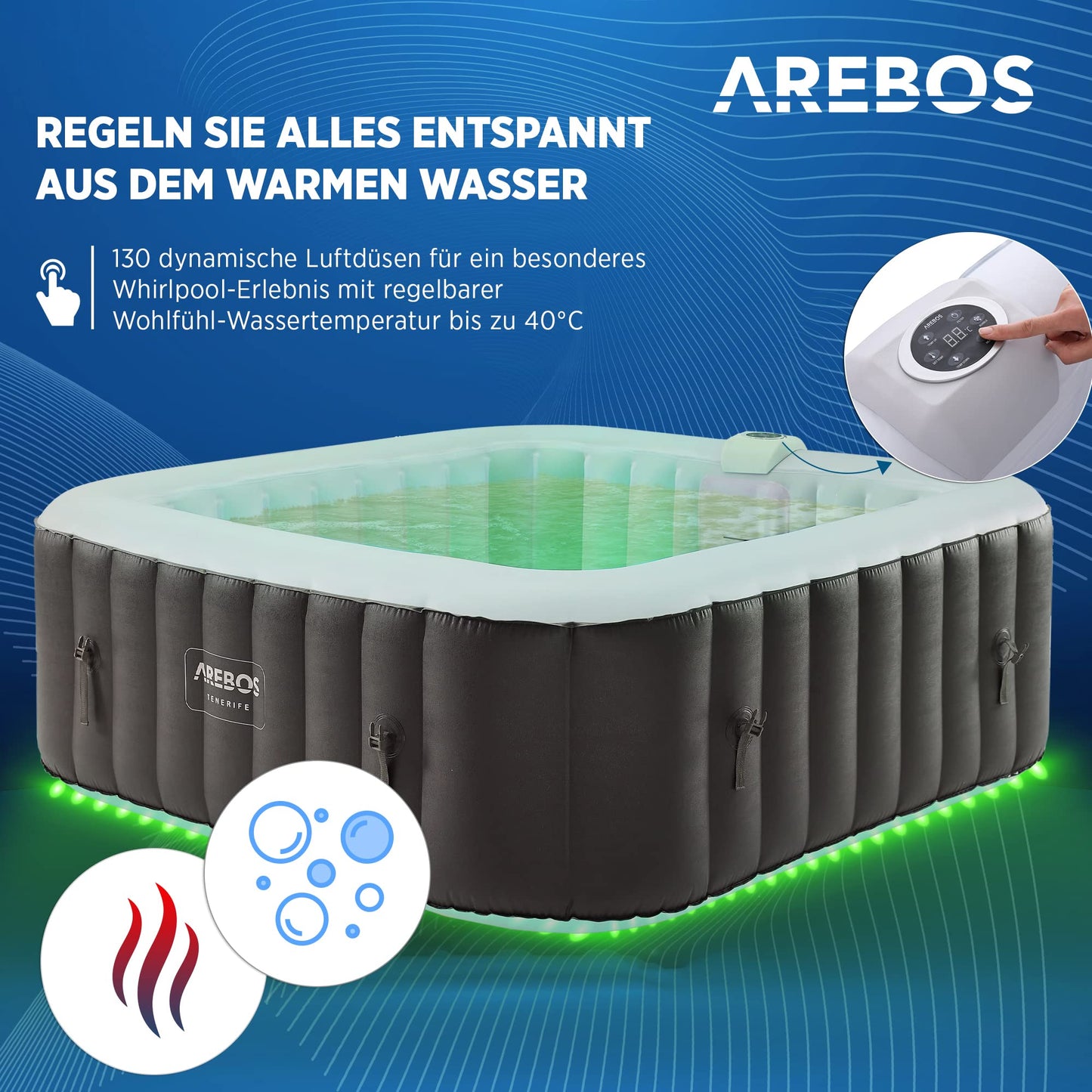 Arebos Spa Whirlpool 6 Pers., 185x185 cm, 130 Düsen, 910 L, LED, Aufblasbar