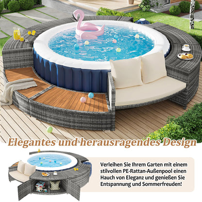 DRIXNO Lounge-Set für Whirlpool & Pool, Rattan PE/Akazienholz, Stauraum, Kissen inkl.