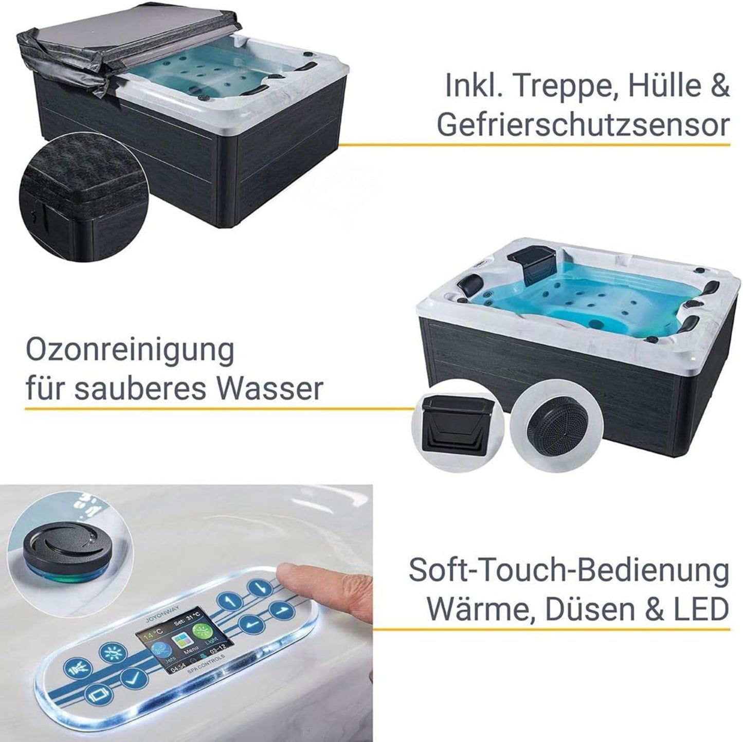 Luxus Outdoor Whirlpool Berlin 2–3 Pers., 210x160 cm, 31 Düsen, Heizung, LED