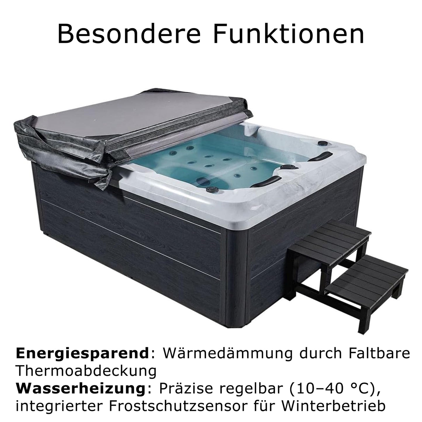 Luxus Outdoor Whirlpool Berlin 2–3 Pers., 210x160 cm, 31 Düsen, Heizung, LED, Treppe