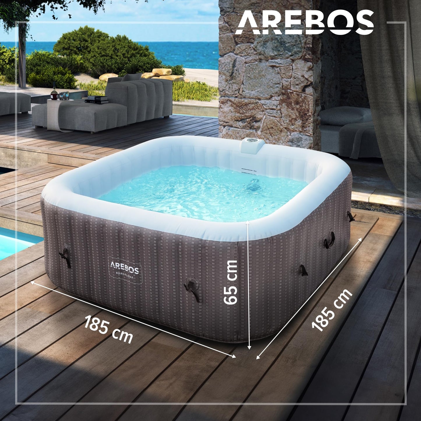 Arebos Spa Whirlpool 6 Pers., 185x185 cm, 130 Düsen, 910 L, Heizung, Aufblasbar
