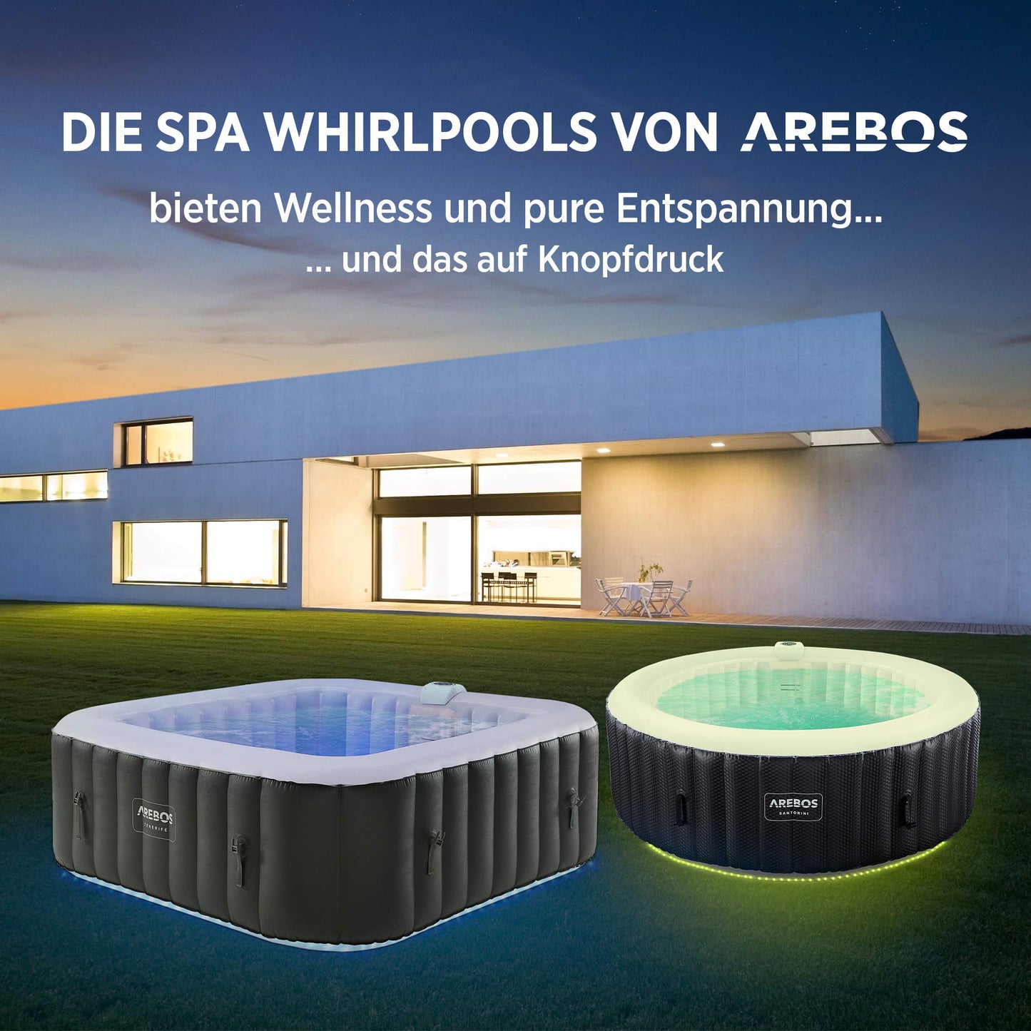 Arebos Spa Whirlpool 6 Pers., 185x185 cm, 130 Düsen, 910 L, LED, Aufblasbar