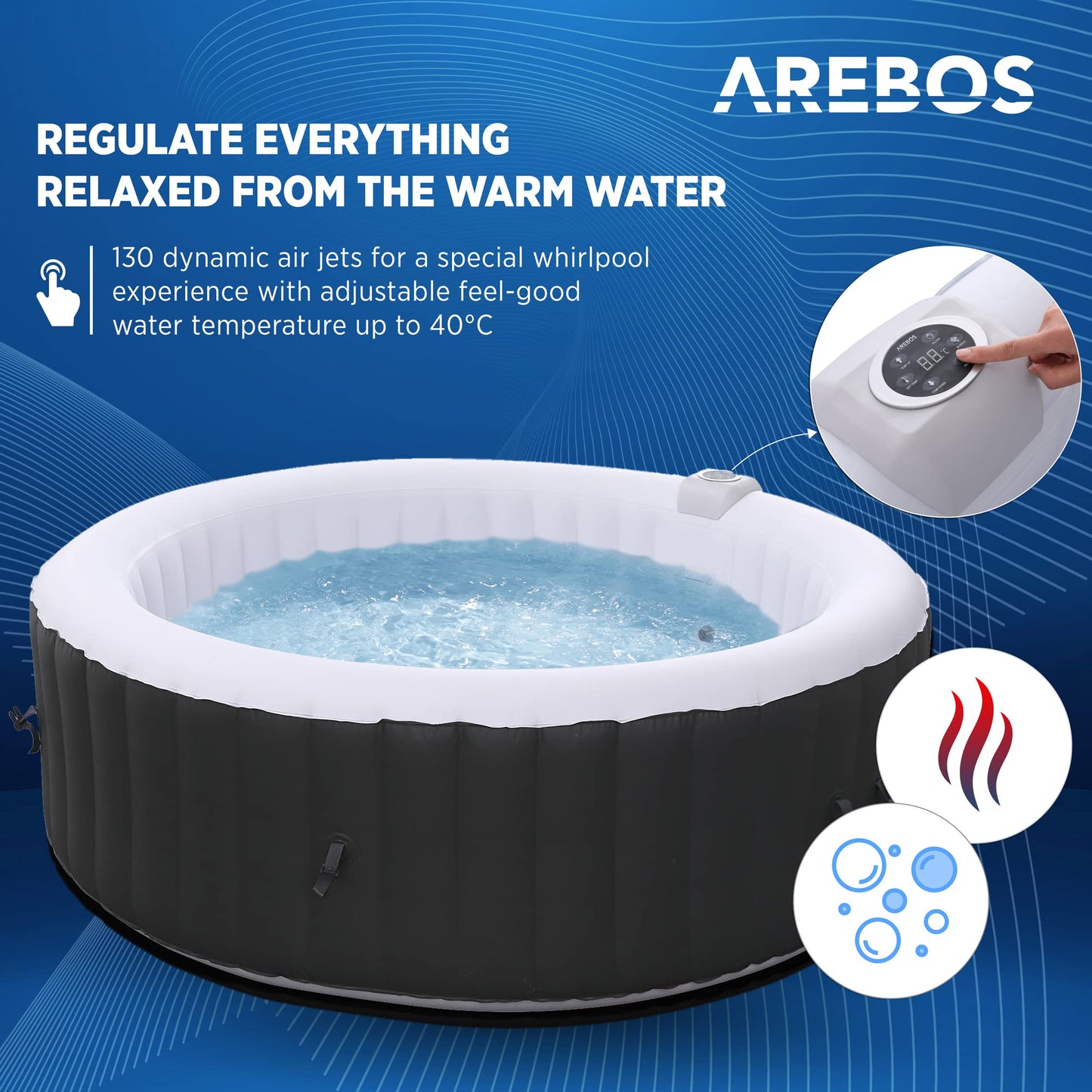 Arebos Whirlpool 6 Pers., ⌀208 cm, 130 Düsen, 1000 L, Heizung, Aufblasbar