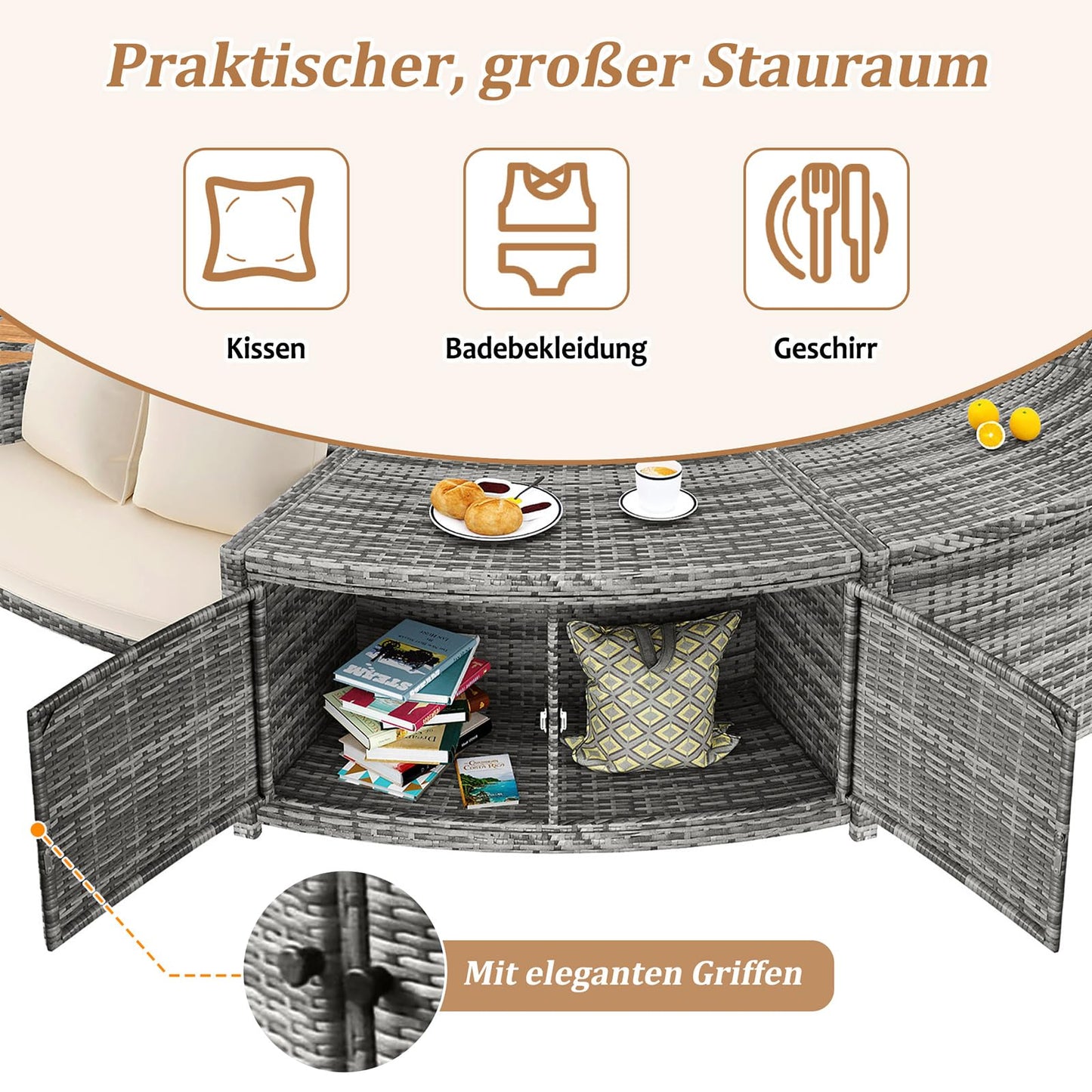 DRIXNO Lounge-Set für Whirlpool & Pool, Rattan PE/Akazienholz, Stauraum, Kissen inkl.