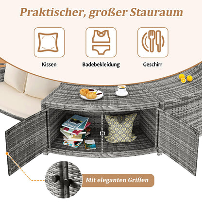 DRIXNO Lounge-Set für Whirlpool & Pool, Rattan PE/Akazienholz, Stauraum, Kissen inkl.