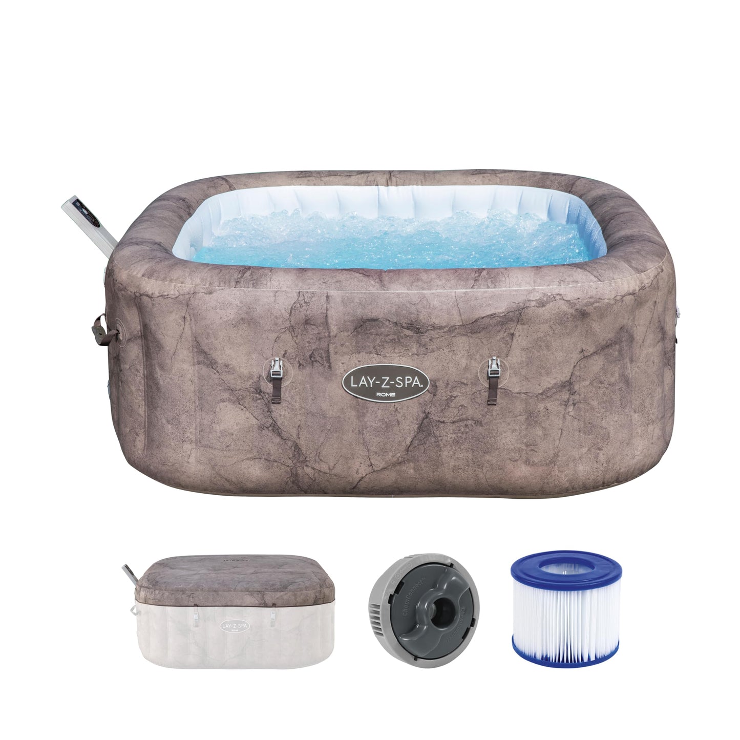 Bestway® Lay-Z-SPA® Energiespar-Whirlpool Rome AirJet™ mit App-Steuerung + integrierter UltraFit™ -Pumpeneinheit, für 6 Personen 180 x 180 x 71 cm, Marmor-Optik (Braun)