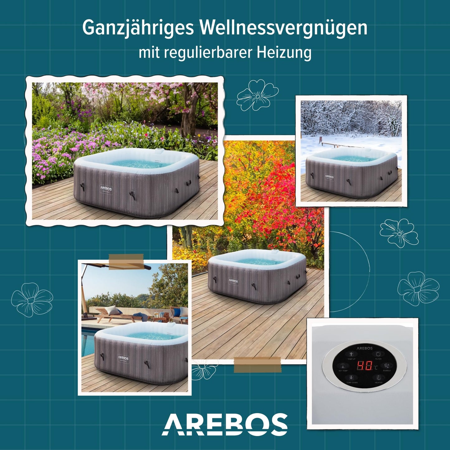 Arebos Spa Whirlpool 6 Pers., 185x185 cm, 130 Düsen, 910 L, Heizung, Aufblasbar