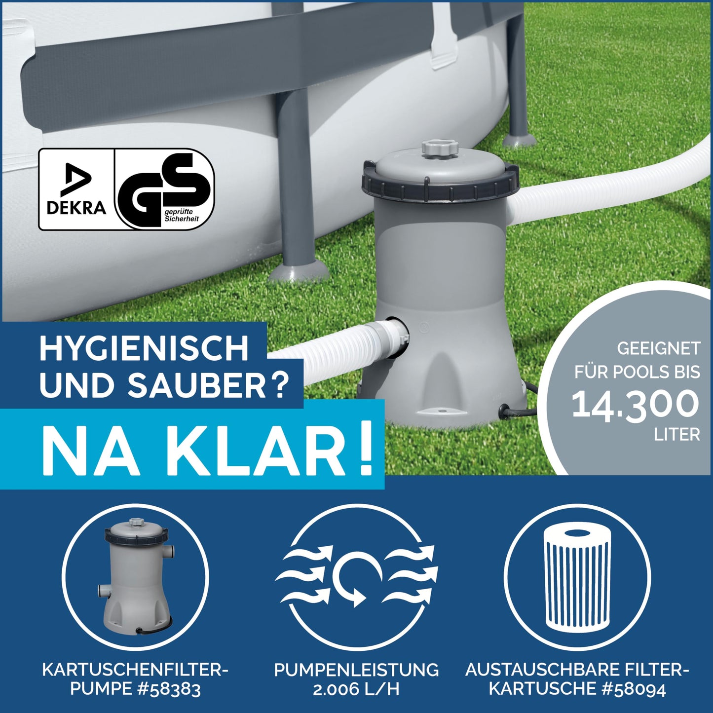 Bestway Power Steel Frame Pool 412x201x122 cm, Eckig, Grau, mit Filterpumpe