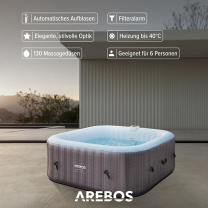 Arebos Spa Whirlpool 6 Pers., 185x185 cm, 130 Düsen, 910 L, Heizung, Aufblasbar