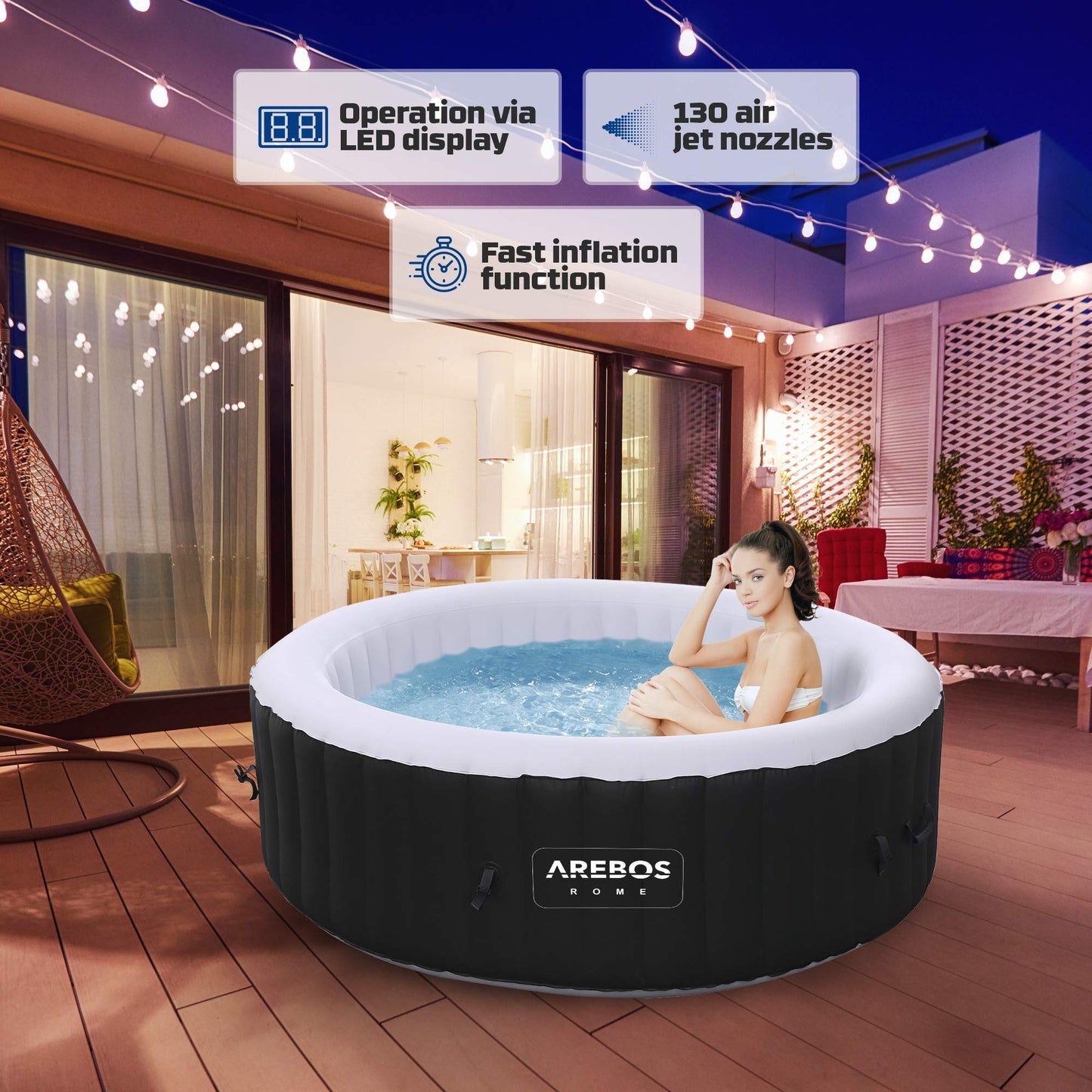 Arebos Whirlpool 6 Pers., ⌀208 cm, 130 Düsen, 1000 L, Heizung, Aufblasbar