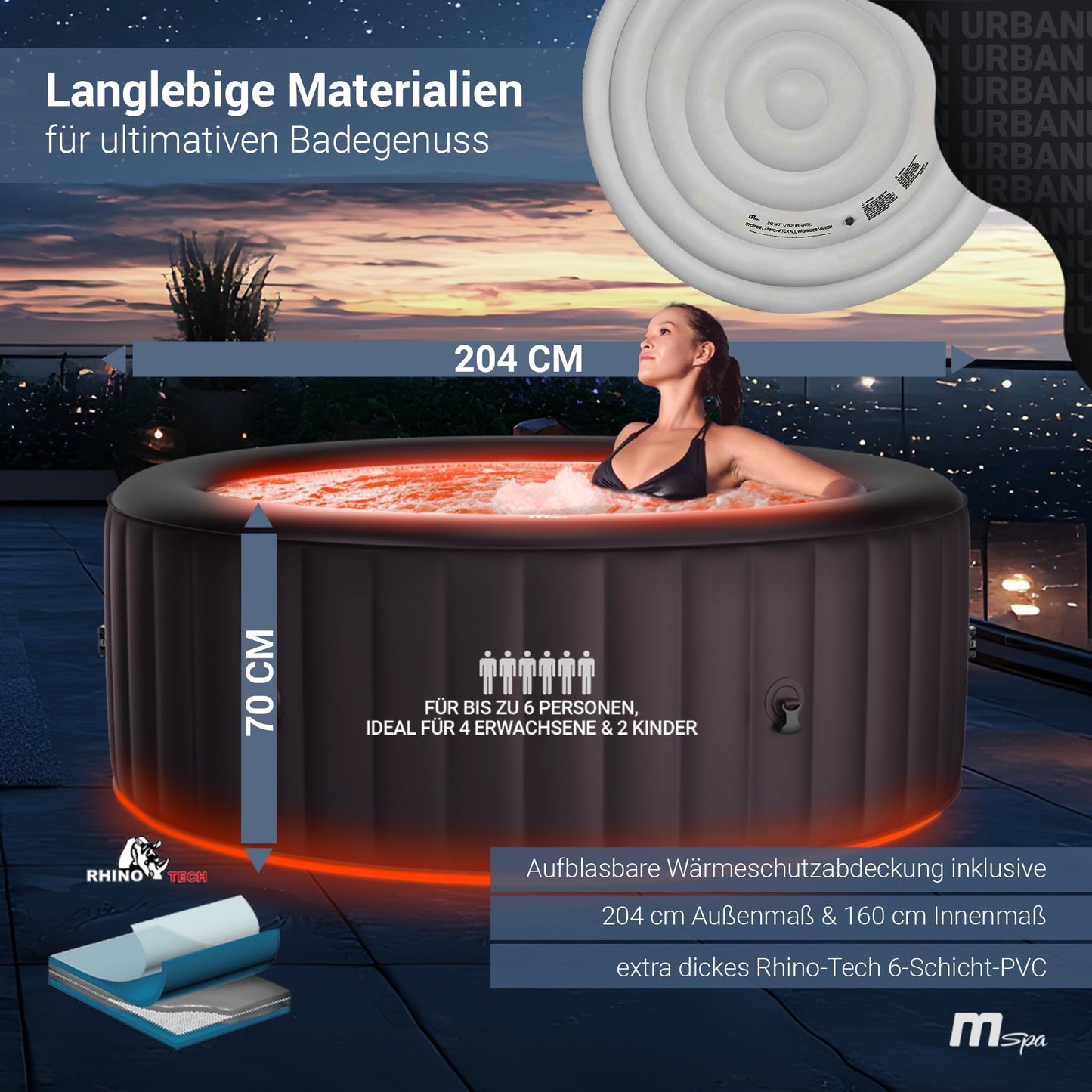 Miweba MSpa Whirlpool Outdoor | Aurora mit LED Beleuchtung - 6 Personen Pool aufblasbar - UVC+ Wasserreinigung - Spa ⌀ 204.0 cm - Aufstellpool mit Fernbedienung - Hot Tub - Aufblasbarer Whirlpool