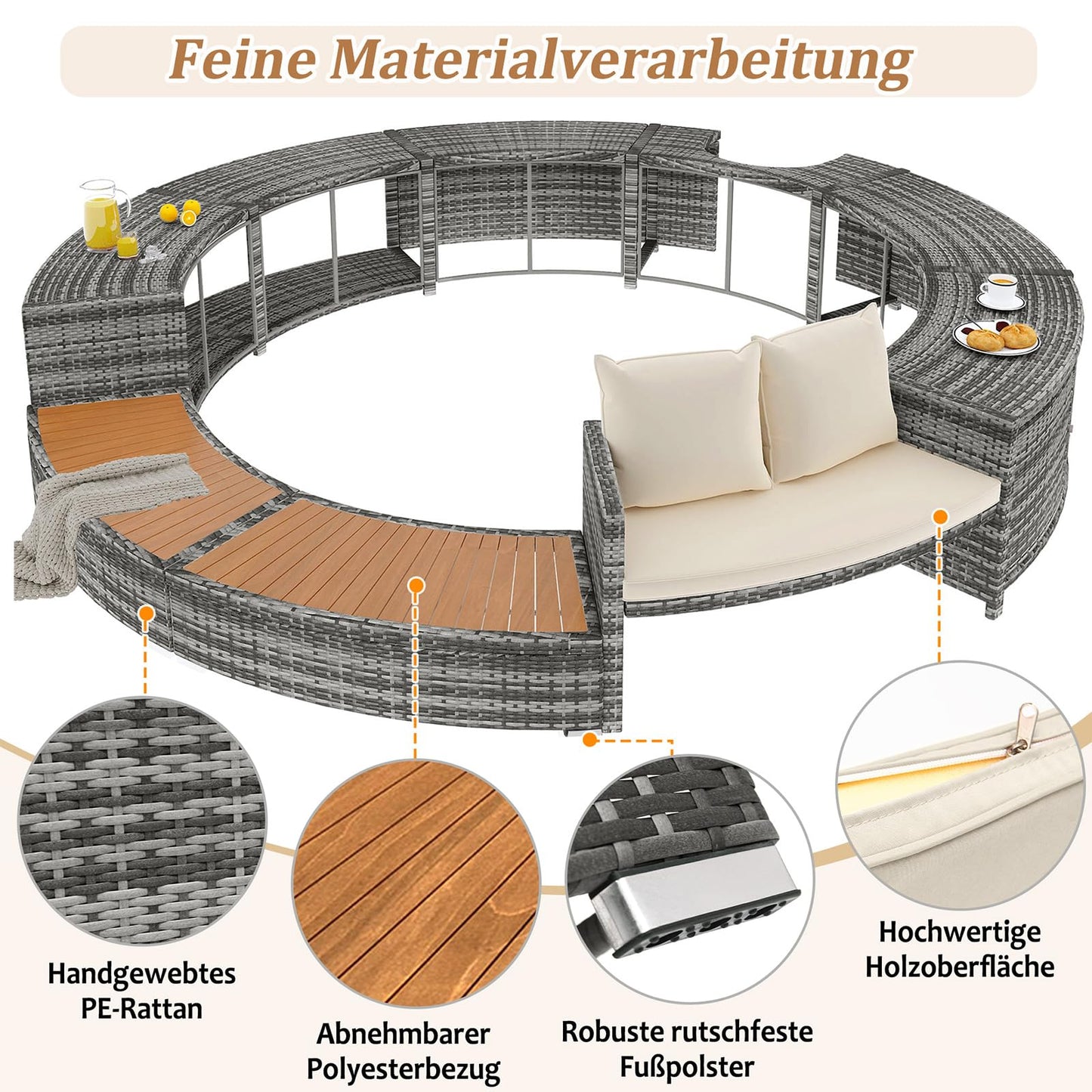 DRIXNO Lounge-Set für Whirlpool & Pool, Rattan PE/Akazienholz, Stauraum, Kissen inkl.