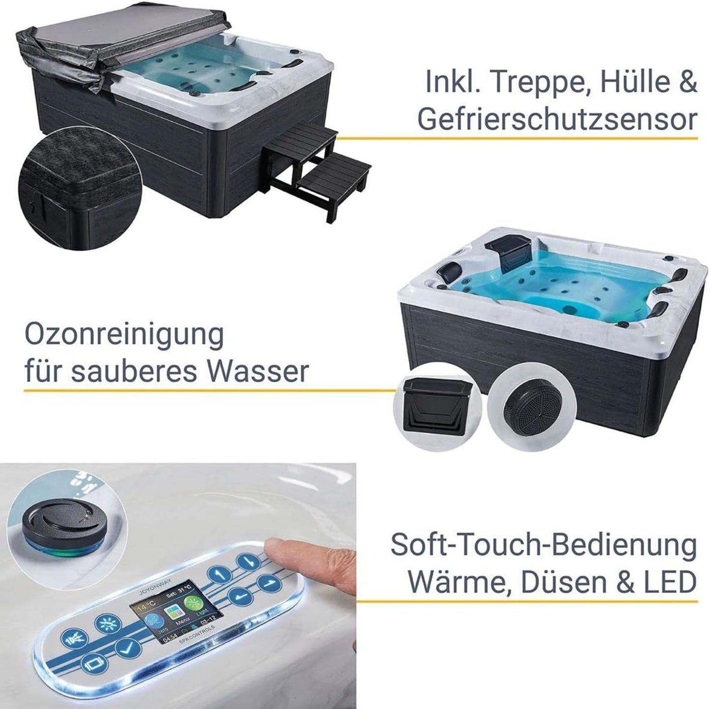 Luxus Outdoor Whirlpool Berlin 2–3 Pers., 210x160 cm, 31 Düsen, Heizung, LED, Treppe