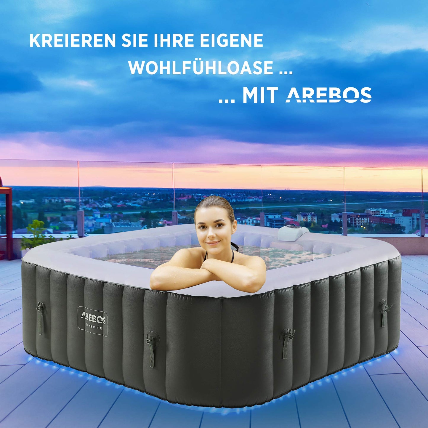Arebos Spa Whirlpool 6 Pers., 185x185 cm, 130 Düsen, 910 L, LED, Aufblasbar