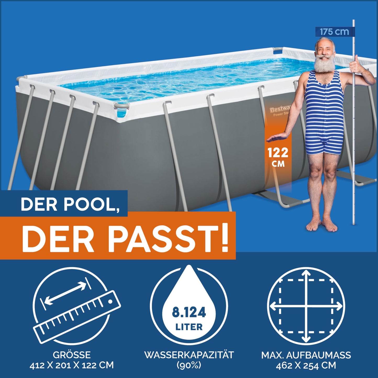 Bestway Power Steel Frame Pool 412x201x122 cm, Eckig, Grau, mit Filterpumpe