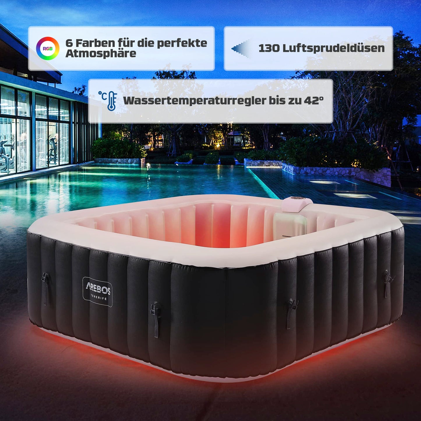Arebos Spa Whirlpool 6 Pers., 185x185 cm, 130 Düsen, 910 L, LED, Aufblasbar