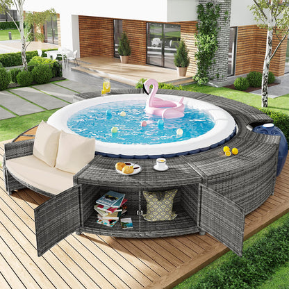 DRIXNO Lounge-Set für Whirlpool & Pool, Rattan PE/Akazienholz, Stauraum, Kissen inkl.