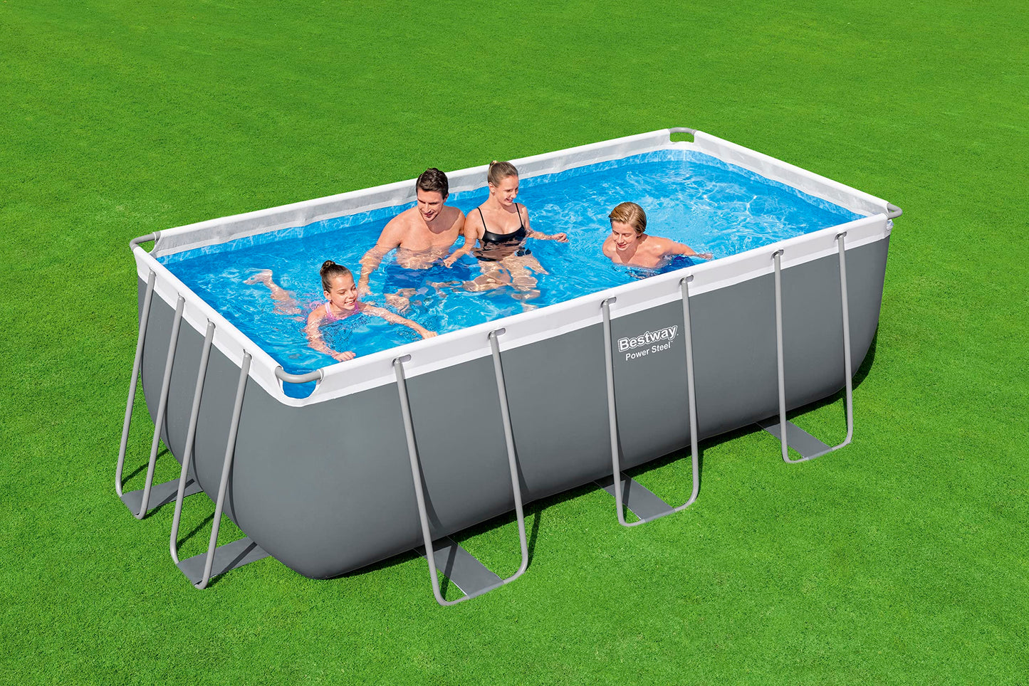 Bestway Power Steel Frame Pool 412x201x122 cm, Eckig, Grau, mit Filterpumpe