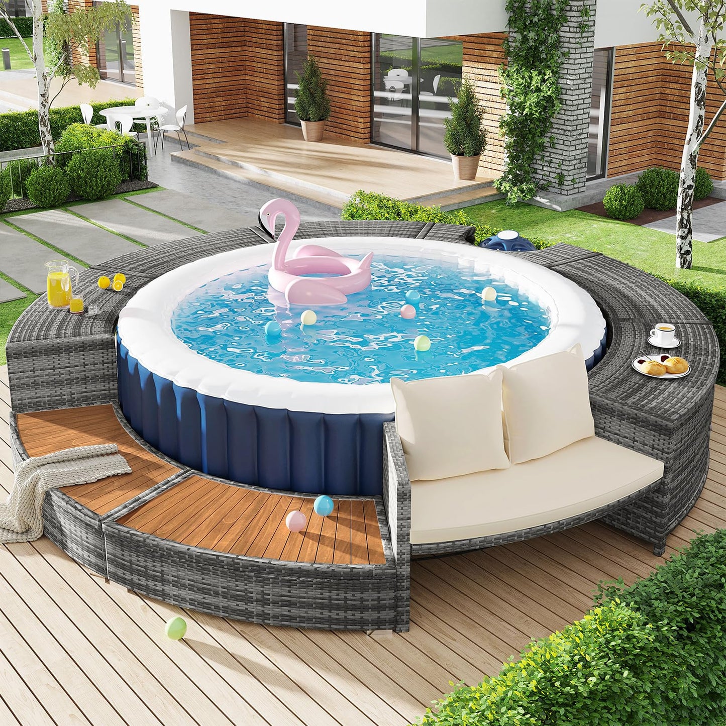 DRIXNO Lounge-Set für Whirlpool & Pool, Rattan PE/Akazienholz, Stauraum, Kissen inkl.